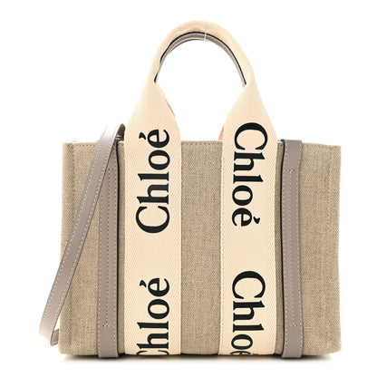 Chloe Linen Calfskin Small Woody Ribbon Tote With Strap White Grey 1 of 10