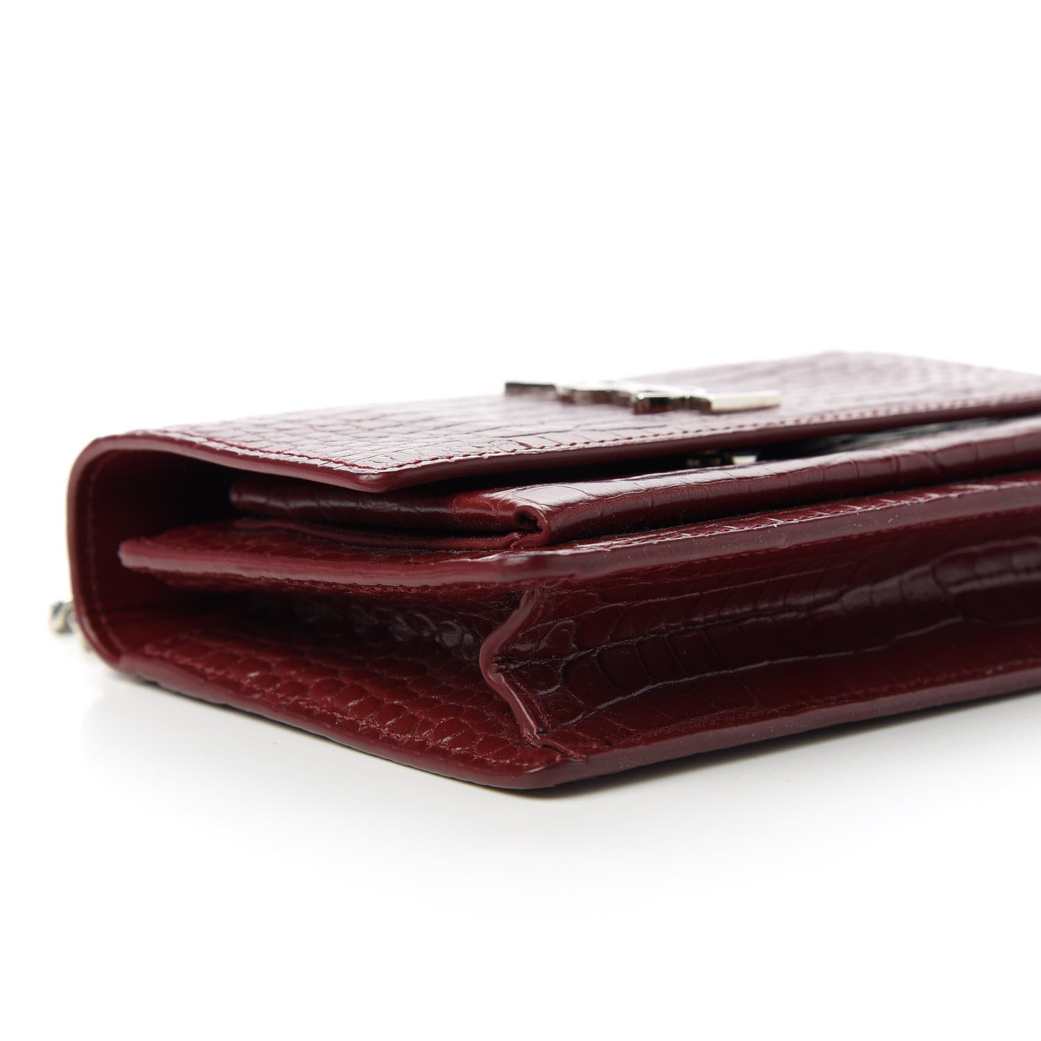 Saint Laurent Calfskin Crocodile Embossed Monogram Sunset Chain Wallet Palissandre 6 of 10