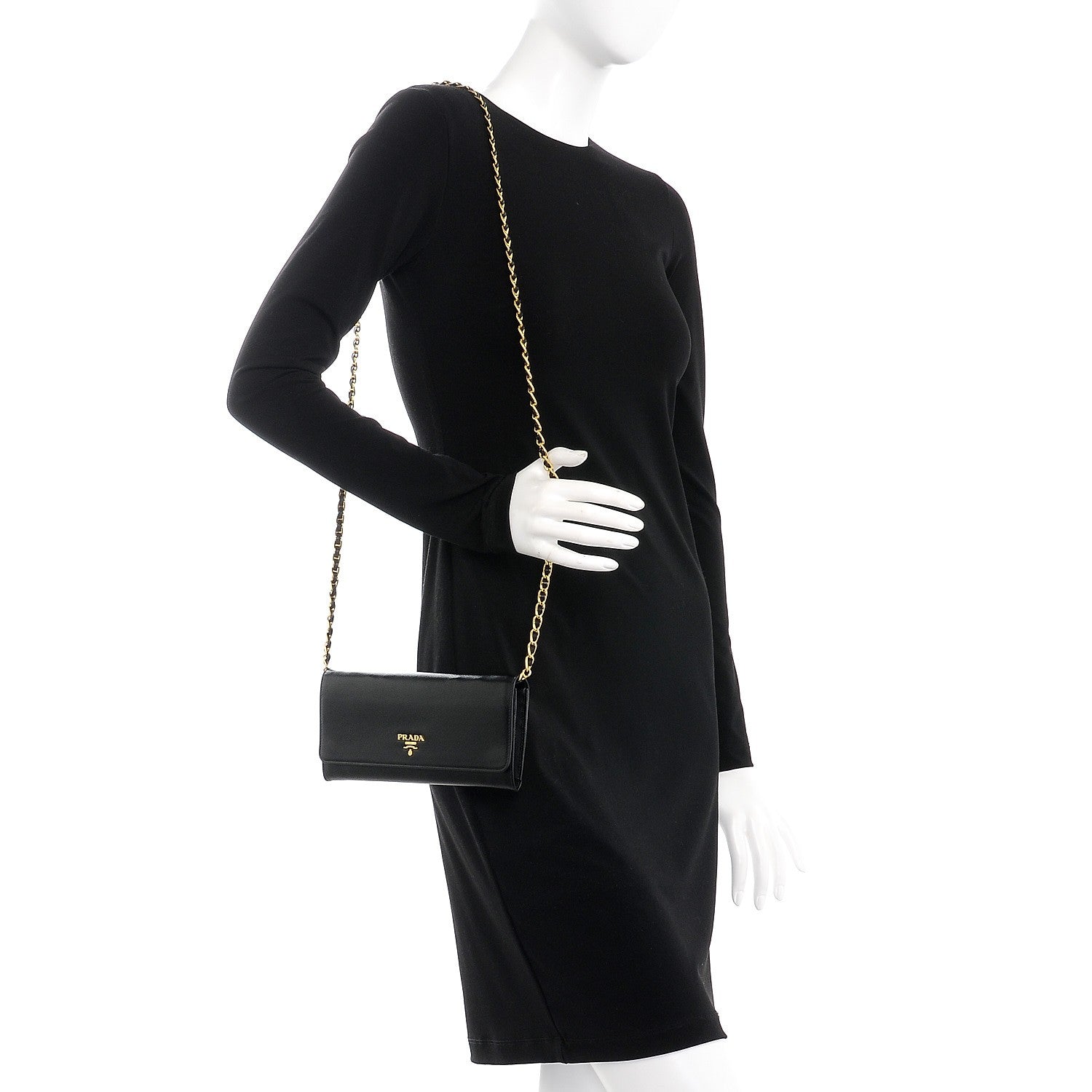Prada Saffiano Metal Oro Chain Wallet Nero Black 2 of 7