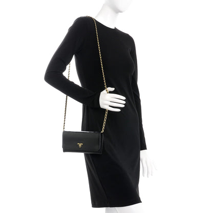 Prada Saffiano Metal Oro Chain Wallet Nero Black 2 of 7