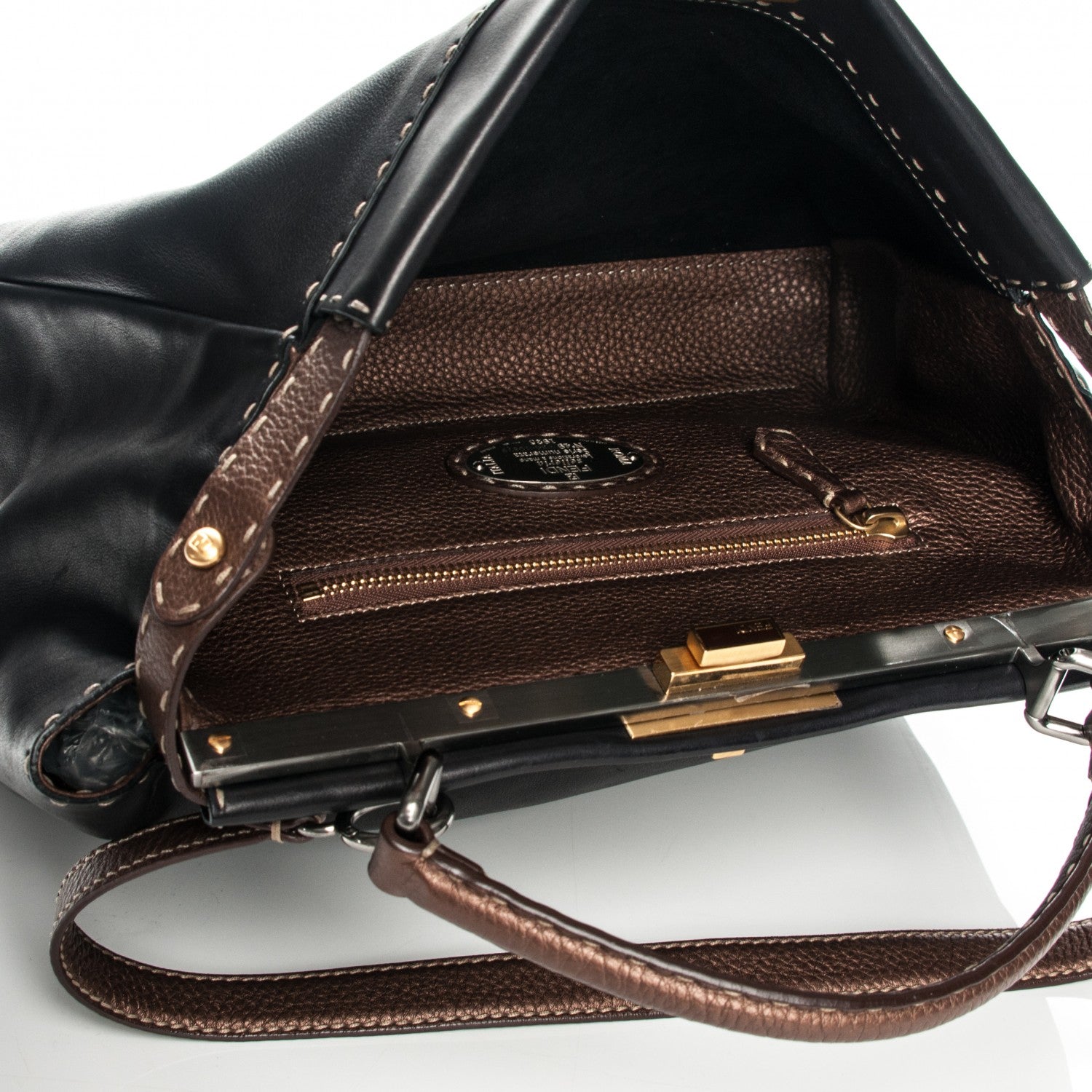 Fendi Vitello Saddle Cuoio Romano Selleria Large Peekaboo Iconic Satchel Black 5 of 8