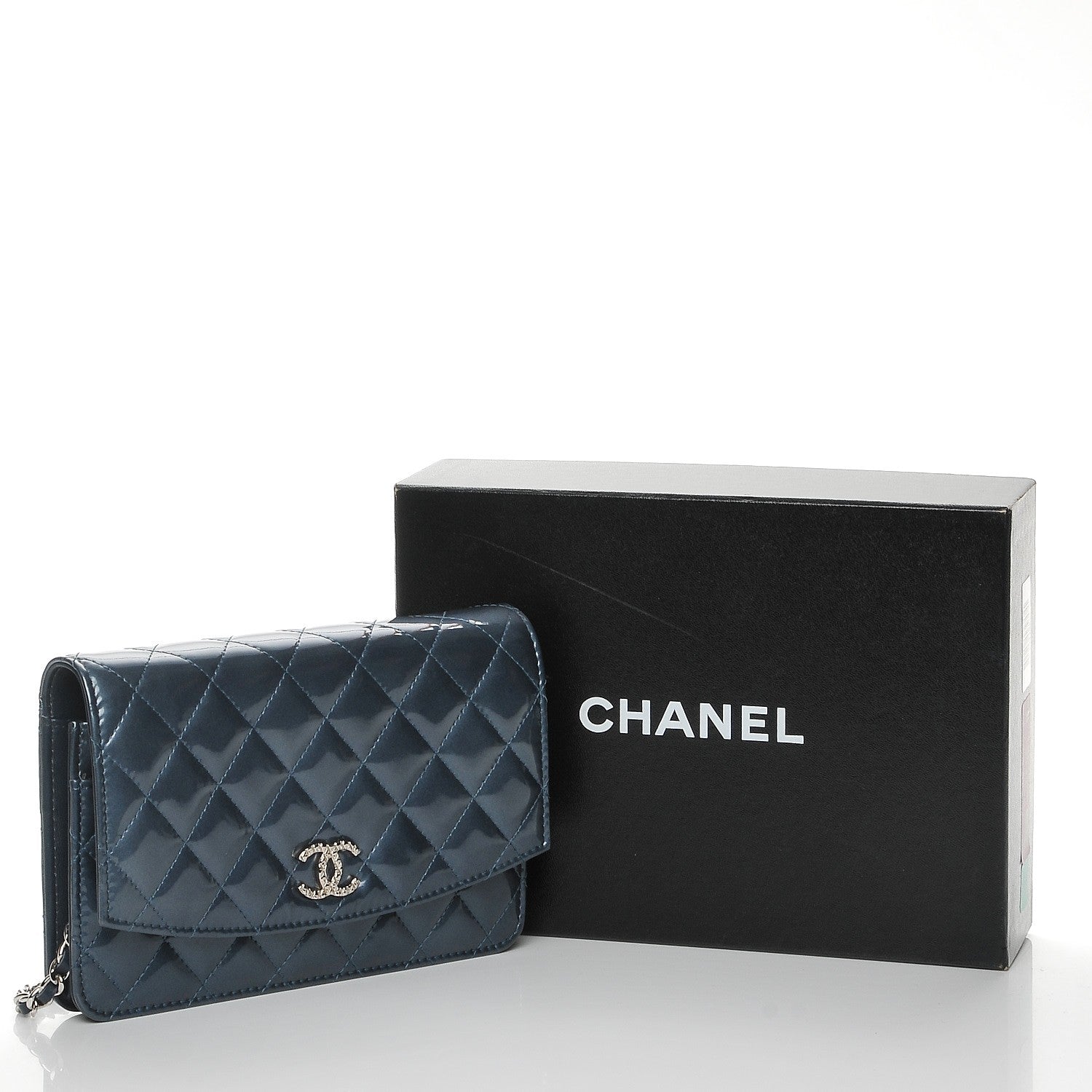 Chanel Patent Quilted Brilliant Wallet On Chain WOC Dark Blue 9 of 9