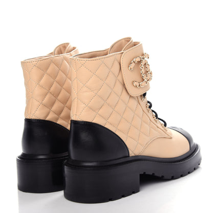 Chanel Lambskin Calfskin Quilted Lace Up Combat Boots 36.5 Beige Black 4 of 13