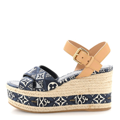 Louis Vuitton Jacquard Calfskin Since 1854 Boundary Wedge Sandals 36 Blue 1 of 11