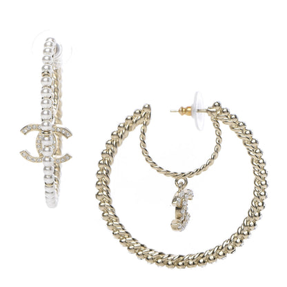 Chanel Crystal Pearl CC Drop Hoop Earrings Gold Pearly White 3 of 7