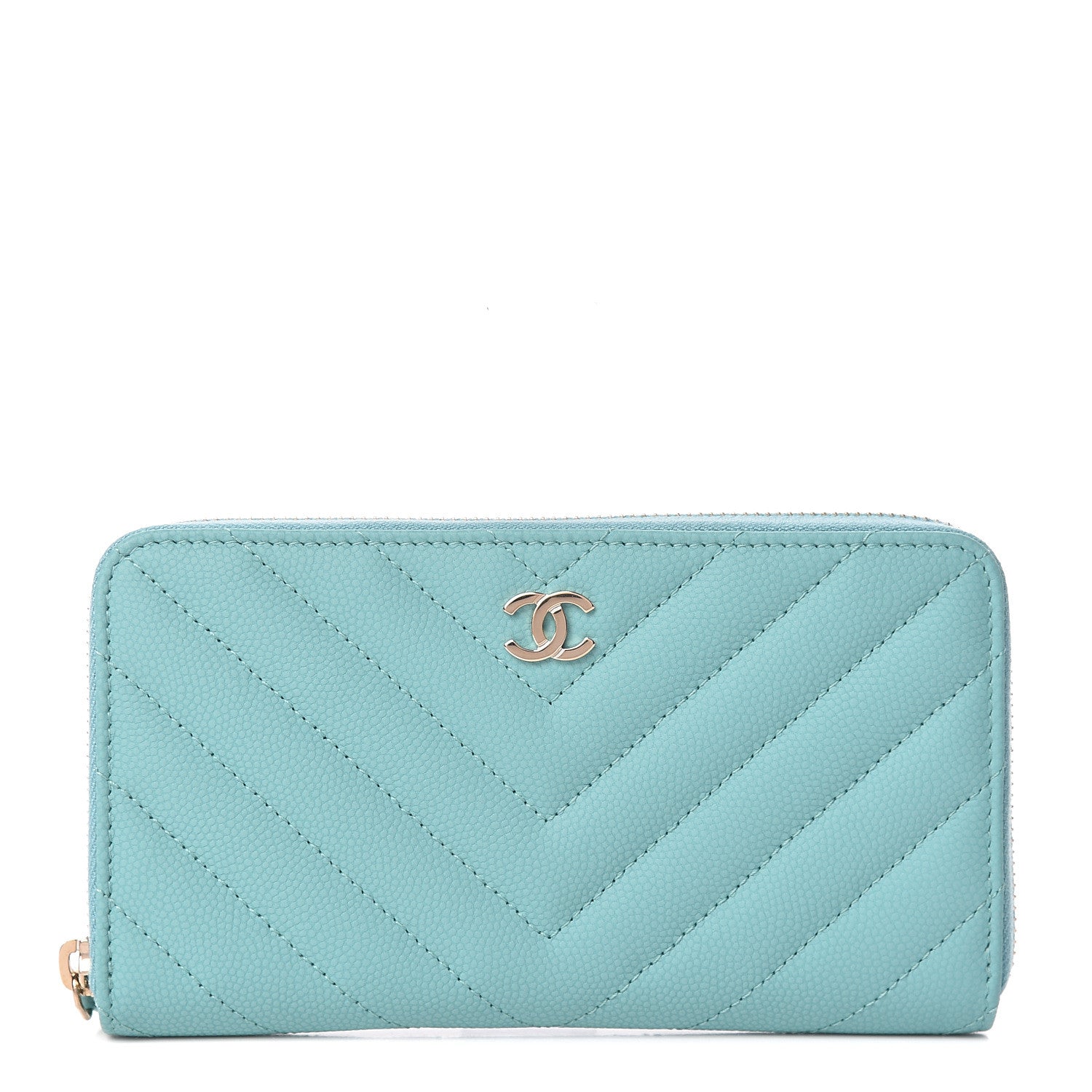 Chanel Caviar Chevron Quilted Small Zip Around Wallet Green 1 of 9