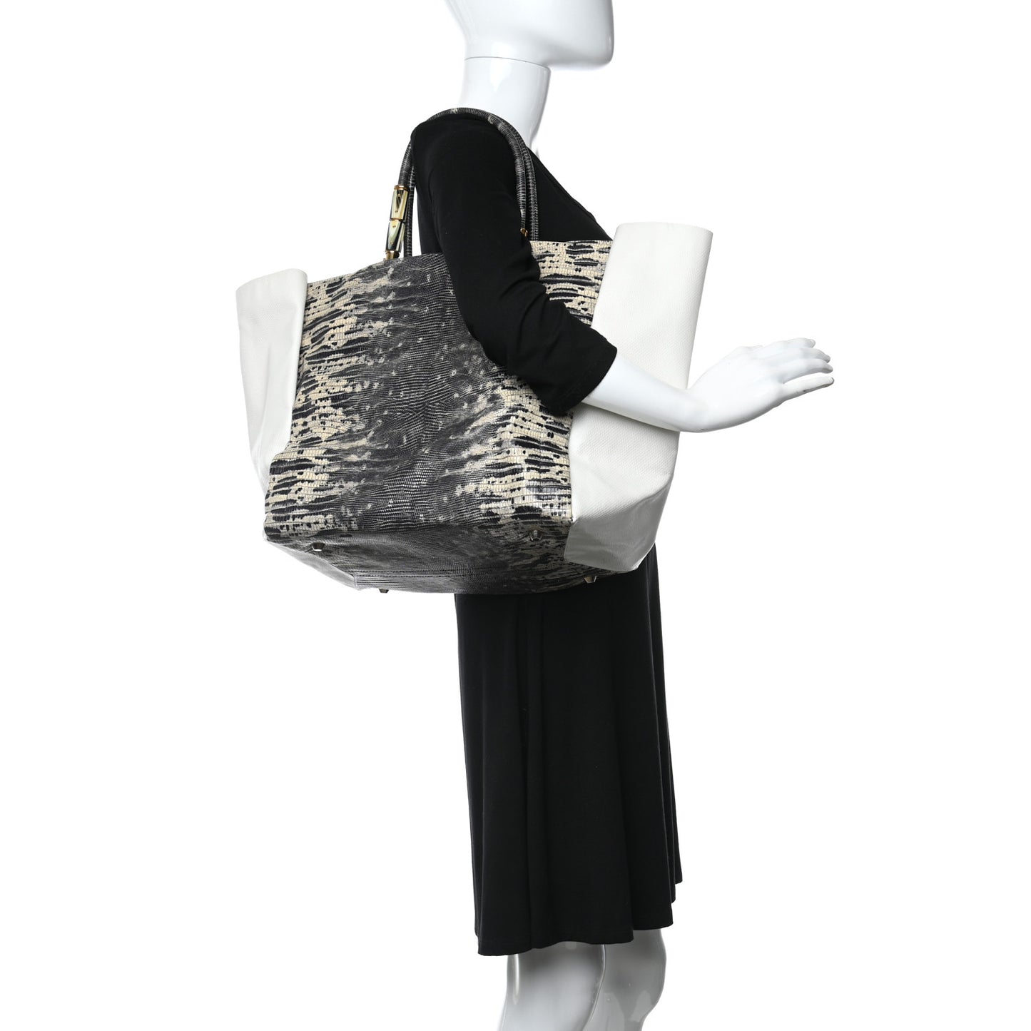 Lizard Effect Calfskin Moon River Tote Black White