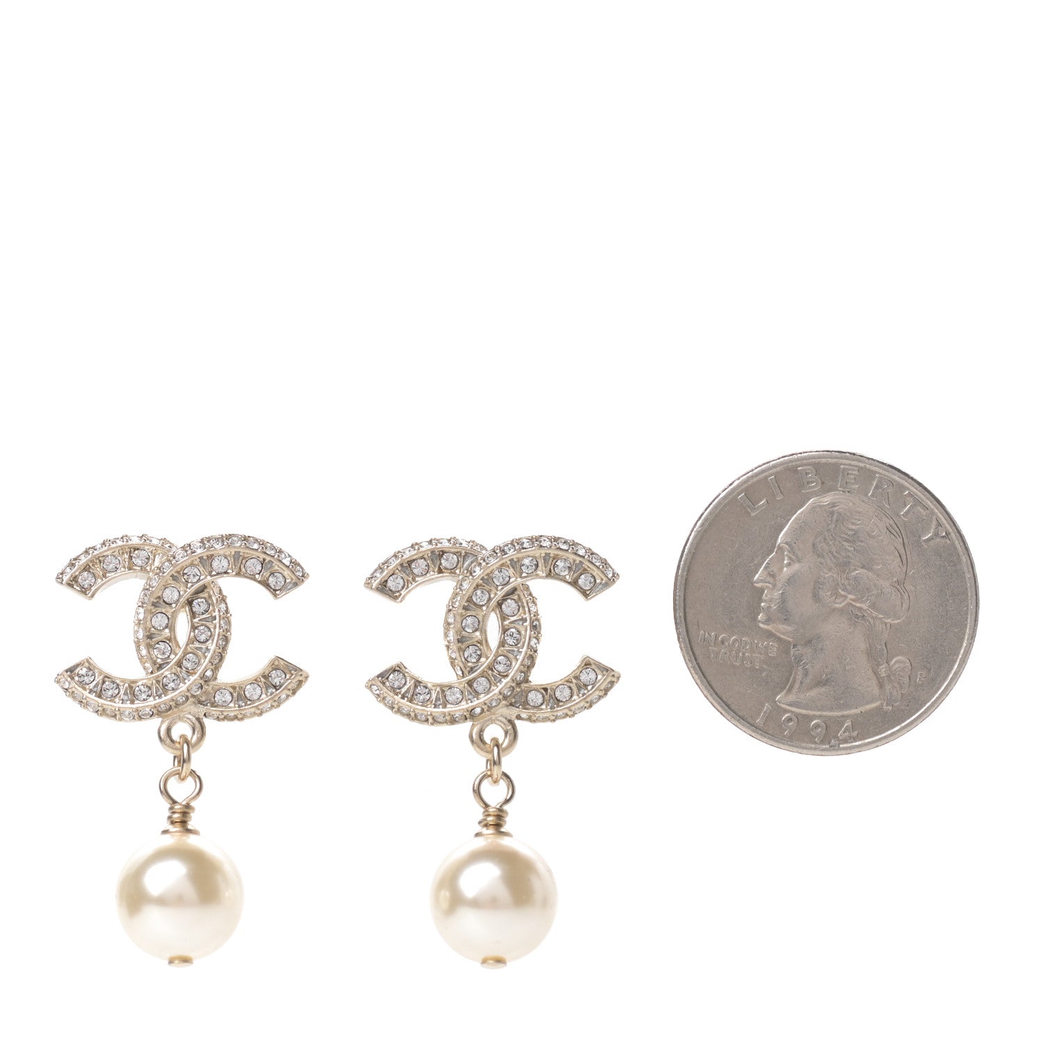 Chanel Crystal Pearl CC Drop Earrings Gold 2 of 5