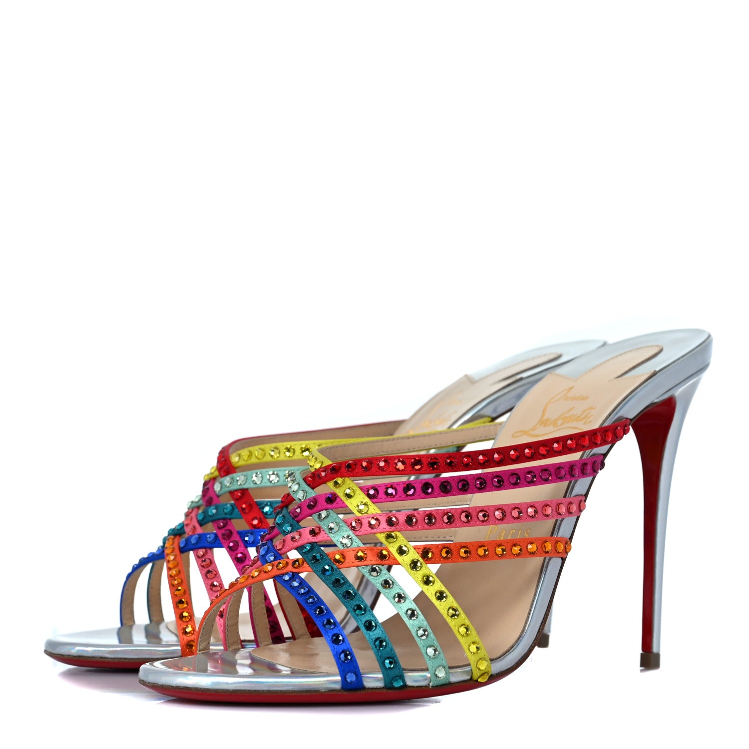 Christian Louboutin Specchio Calfskin Crystal Marthastrass 100 Slide Sandals 40.5 Silver Multicolor 3 of 7