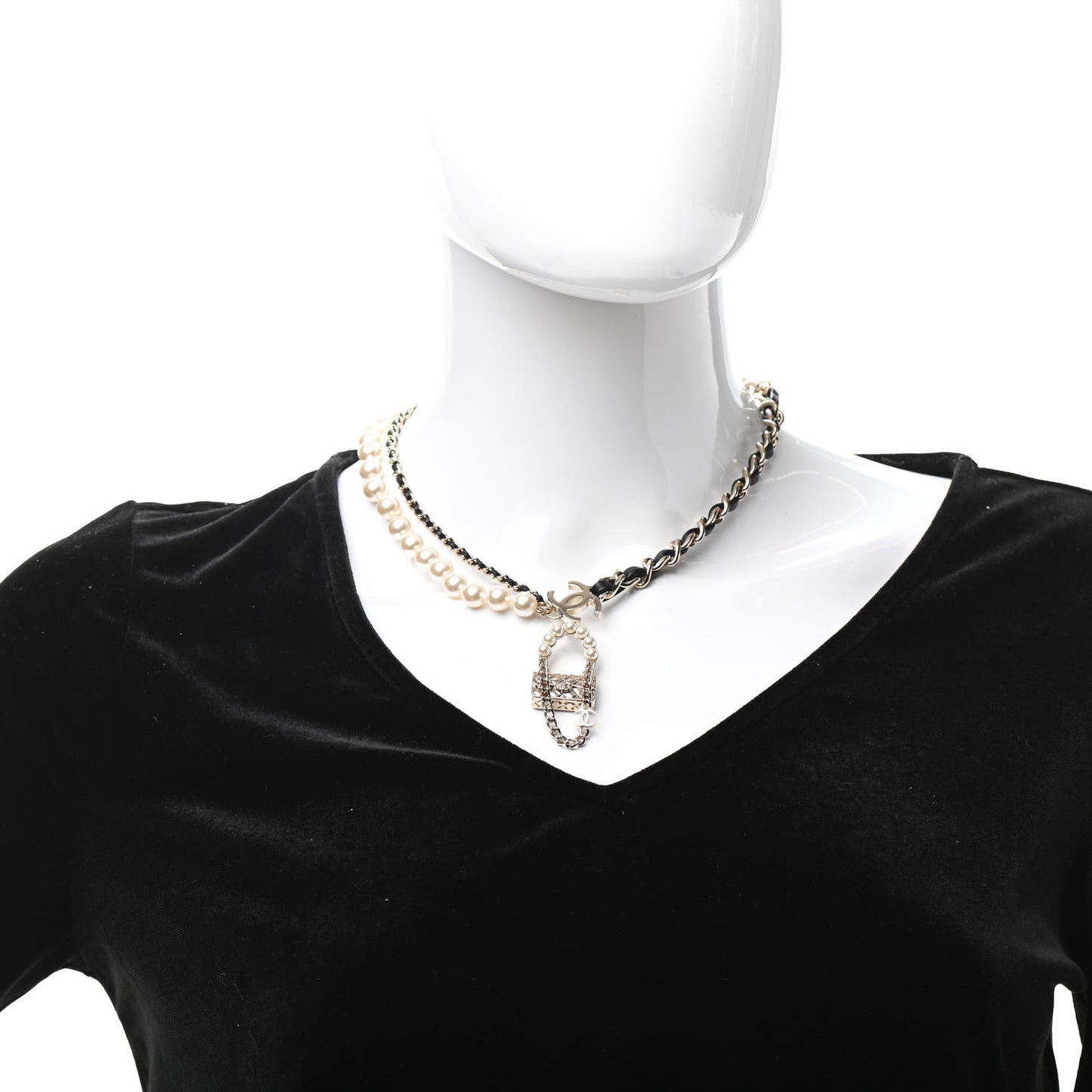 Lambskin Pearl Quilted Flap Necklace Gold Black Pearly White