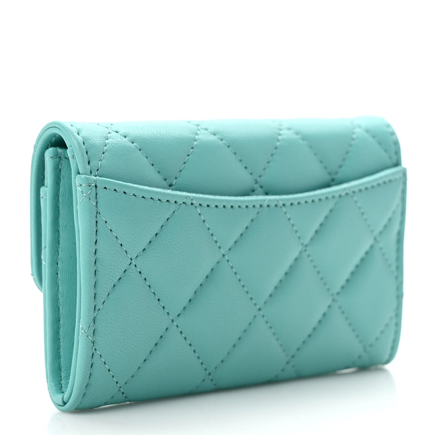Lambskin Quilted Flap Card Holder Wallet Turquoise