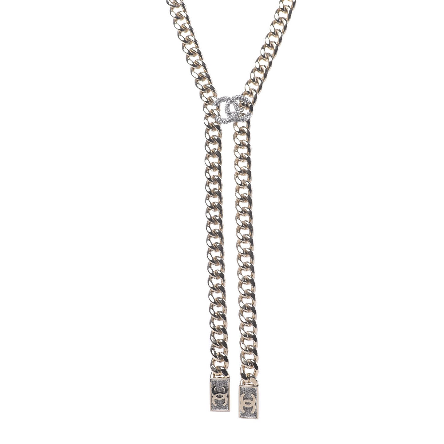 Chain Link Crystal CC Dog Tag Charm Necklace Gold