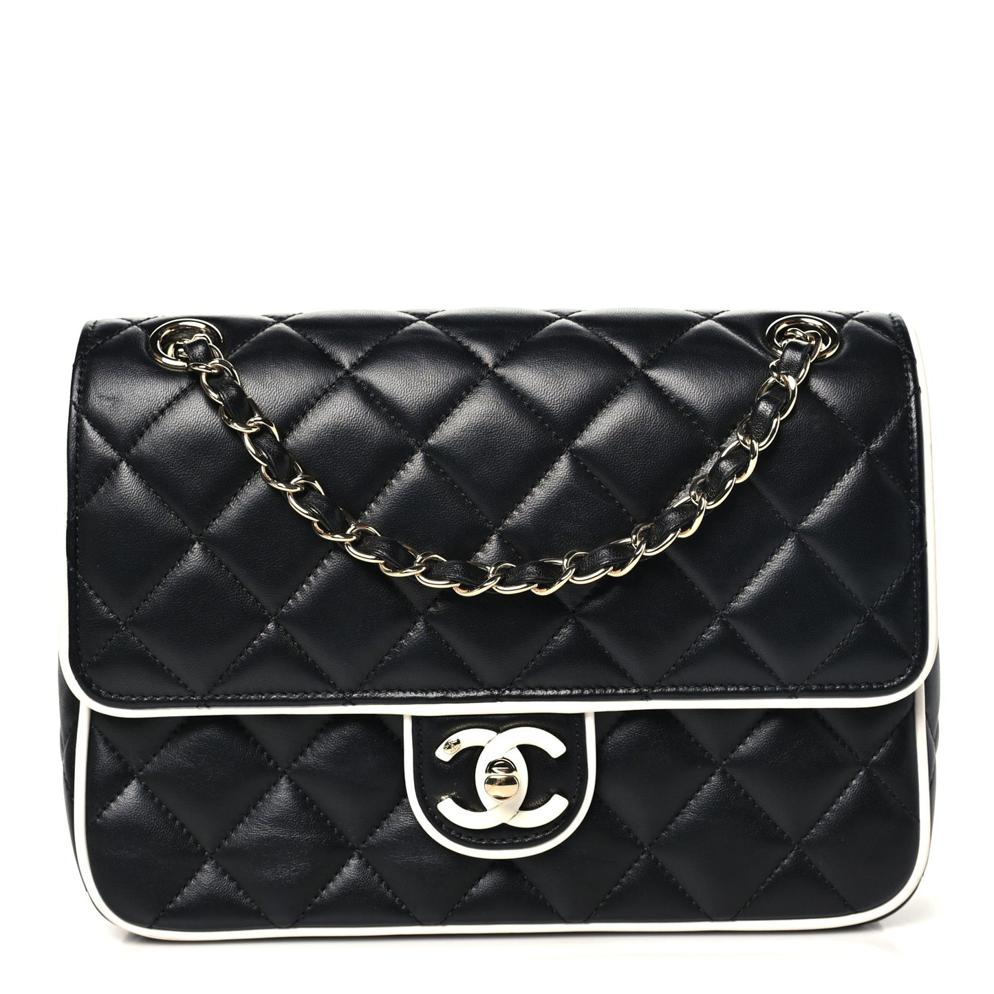 Lambskin Quilted Resin Graphic Frame Flap Bag Black White