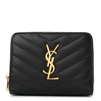 Saint Laurent Grain De Poudre Matelasse Chevron Monogram Compact Zip Around Wallet Black 1 of 7