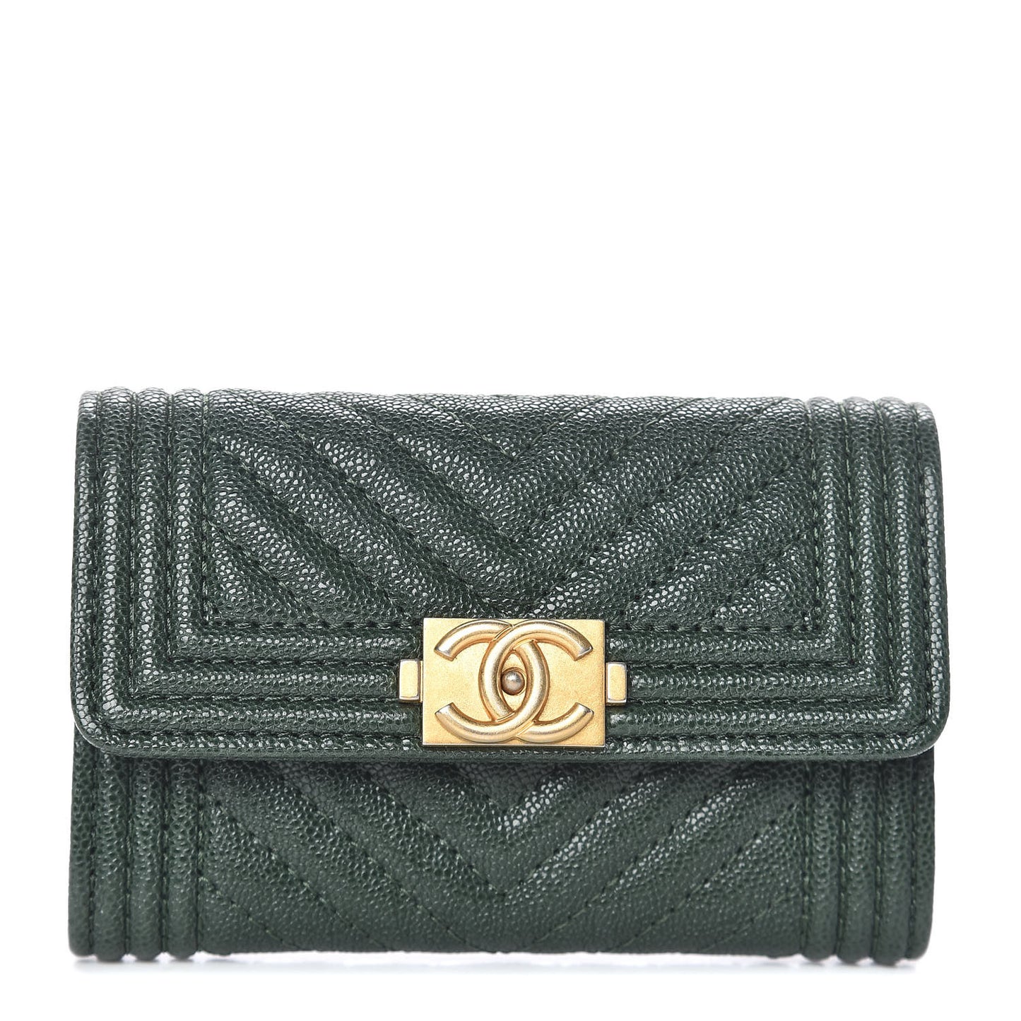 Caviar Chevron Quilted Boy Flap Card Holder Green