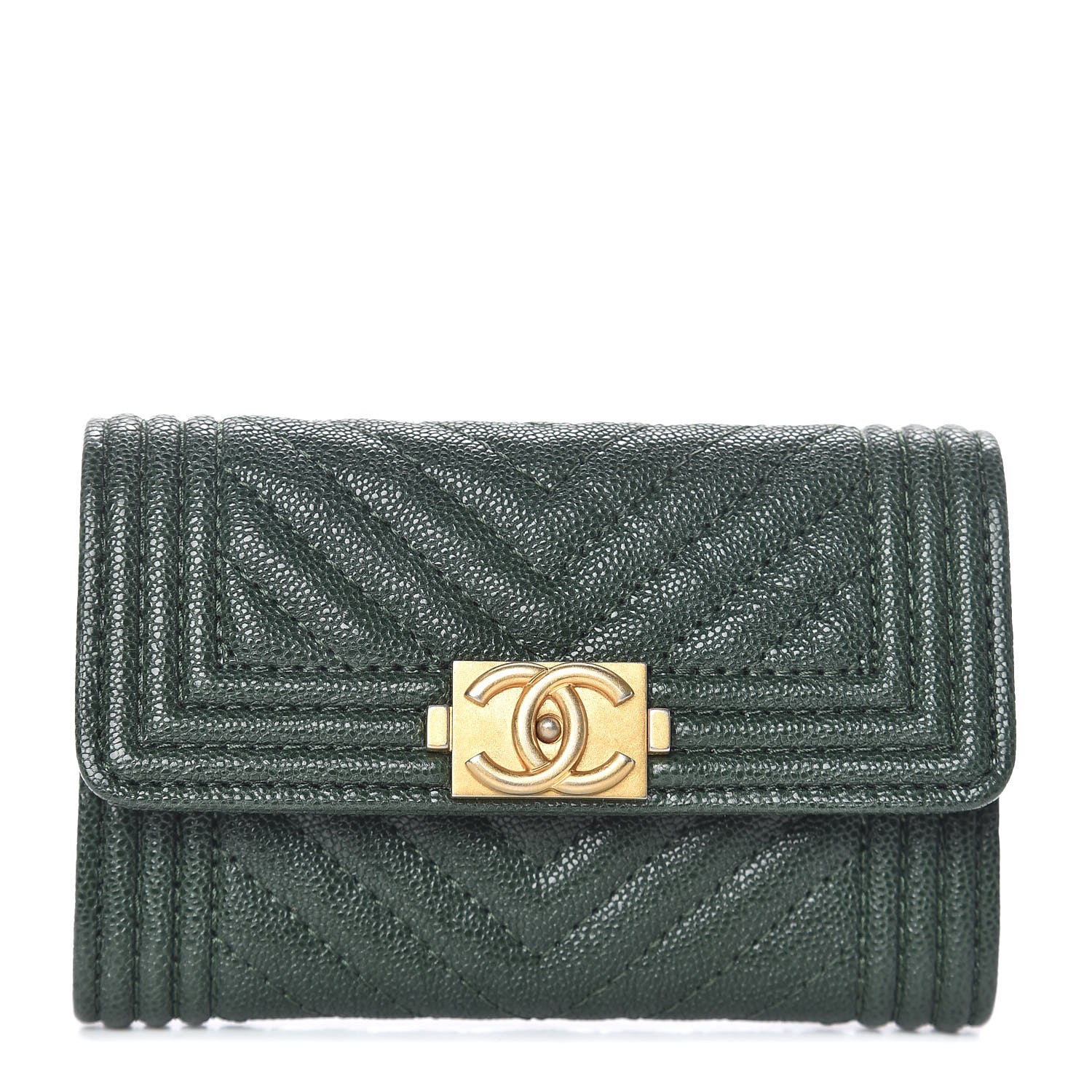 Chanel Caviar Chevron Quilted Boy Flap Card Holder Green 1 of 9