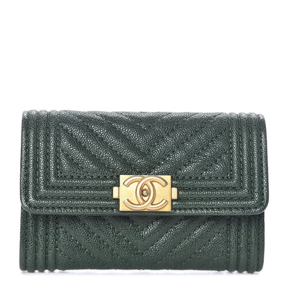 Chanel Caviar Chevron Quilted Boy Flap Card Holder Green 1 of 9