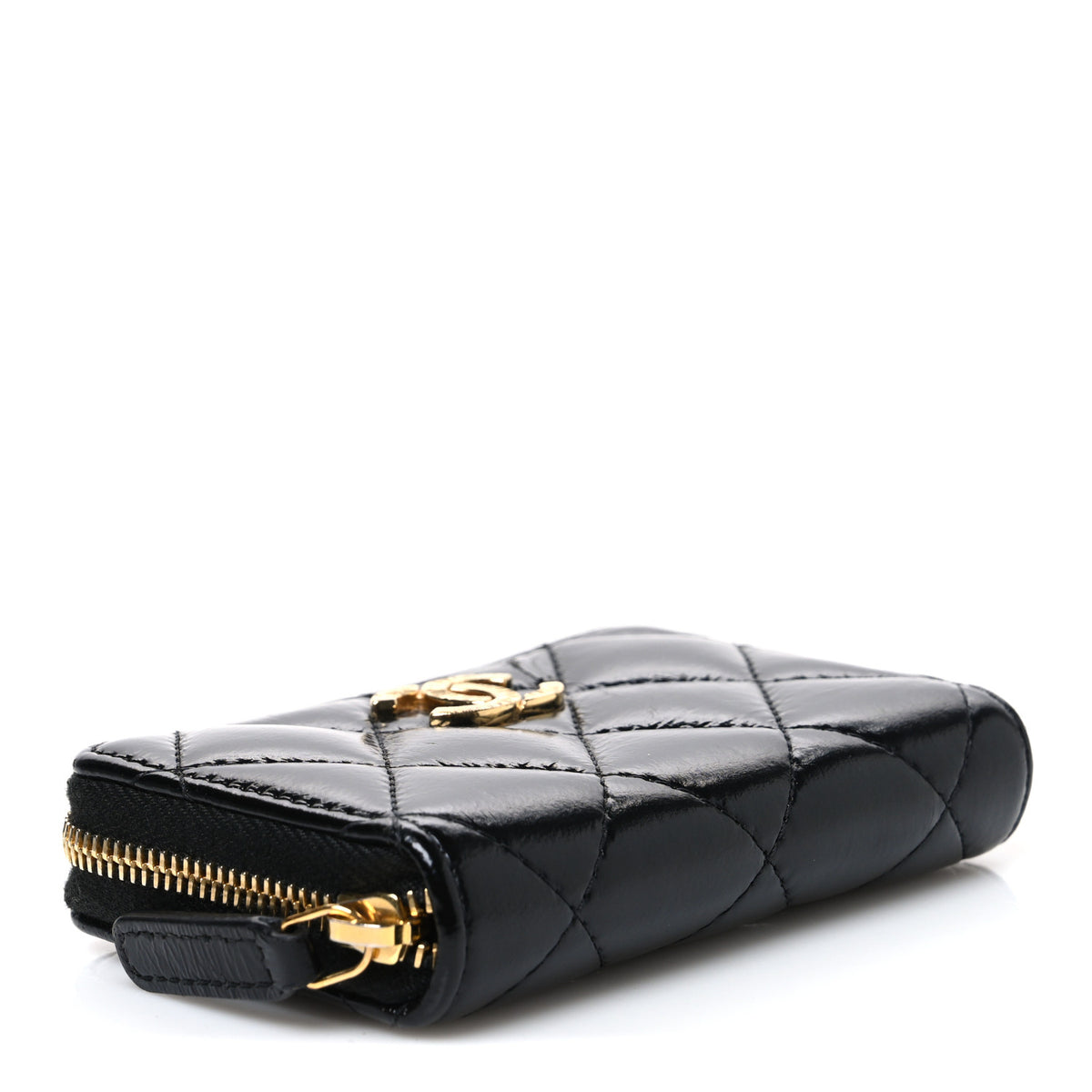 Shiny Lambskin Quilted Textured CC Zip Coin Purse Black