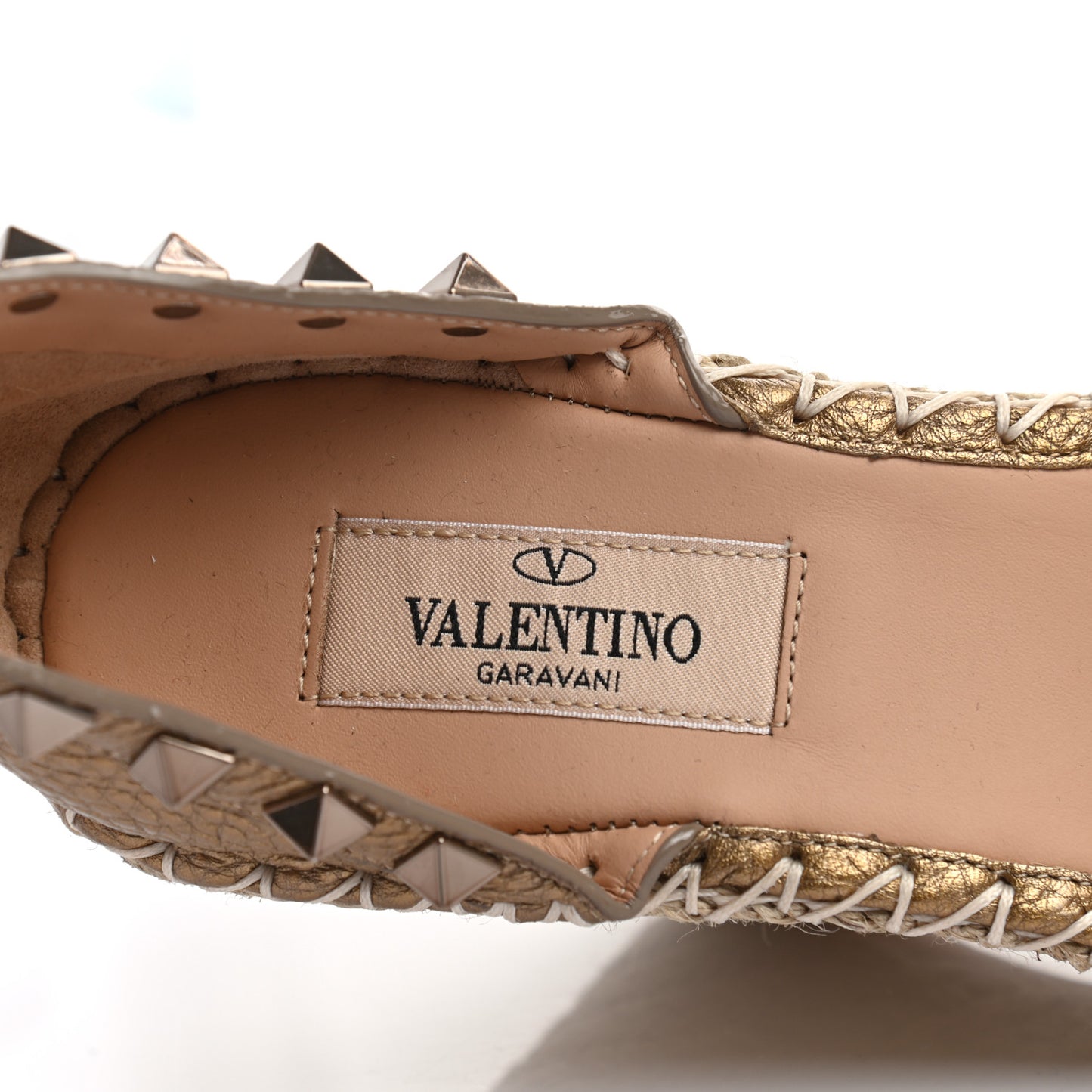 Metallic Pebbled Calfskin Rockstud Ankle Strap Espadrille 15/105mm Wedge Sandals 36 Skin Natural