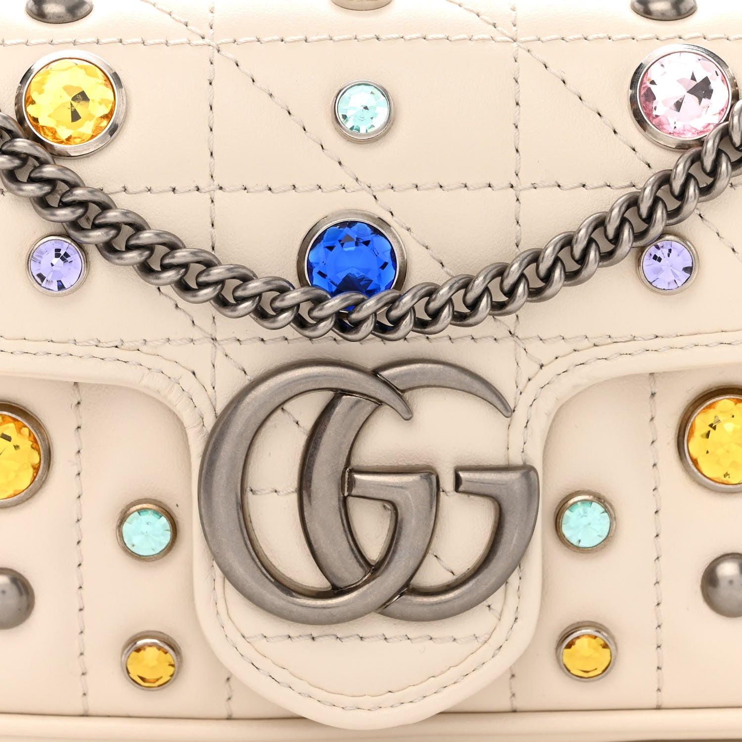 Gucci Calfskin Crystal Matelasse Aria Super Mini GG Marmont Shoulder Bag Mystic White Multicolor 8 of 11