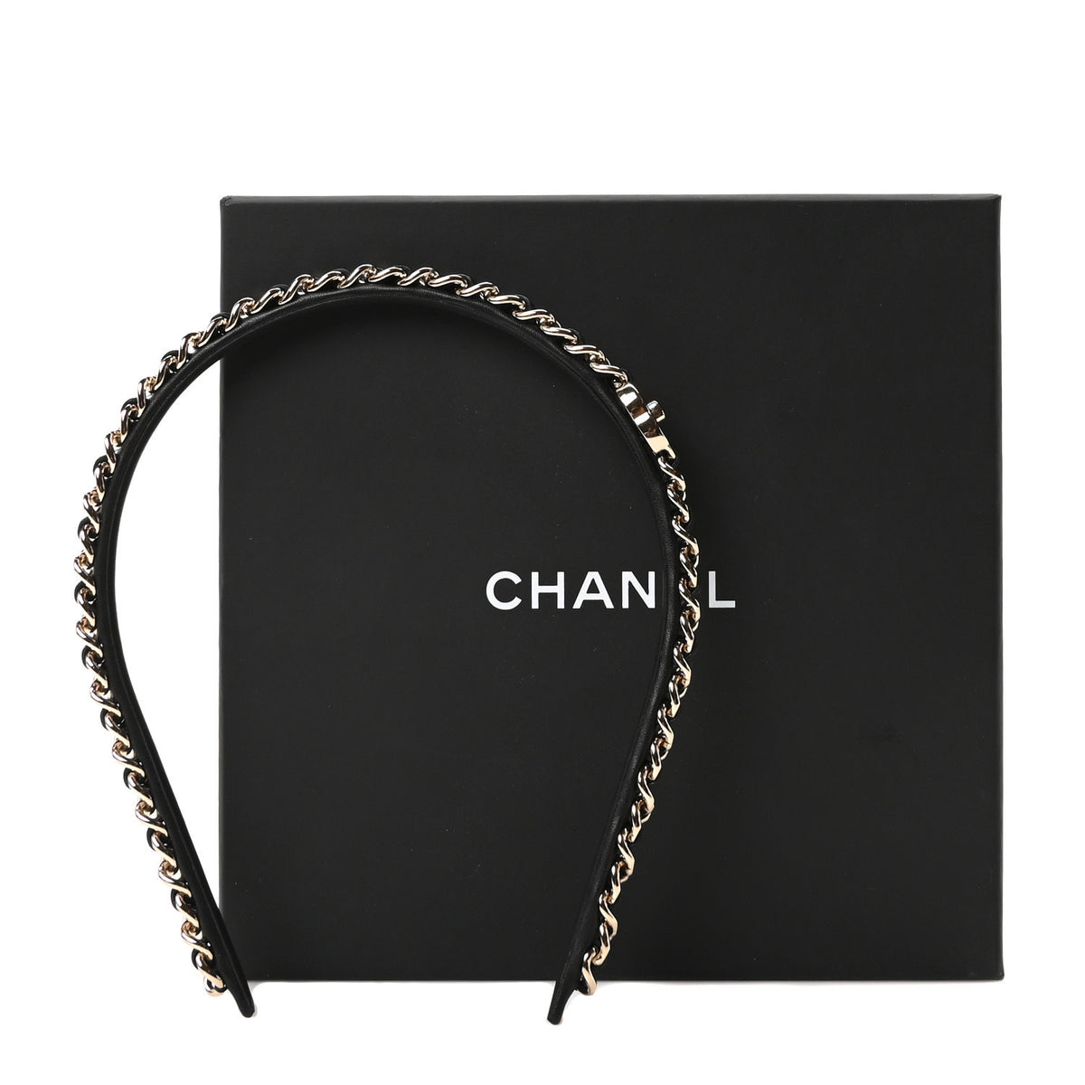 Metal Lambskin CC Turnlock Chain Headband Gold Black