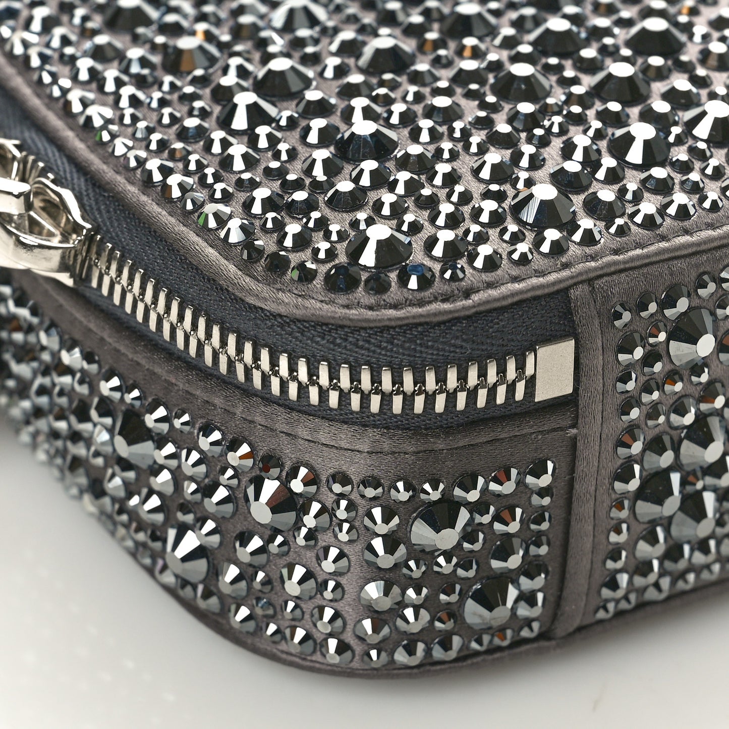 Satin Crystal Metal Triangle Logo Odette Crossbody Fumo