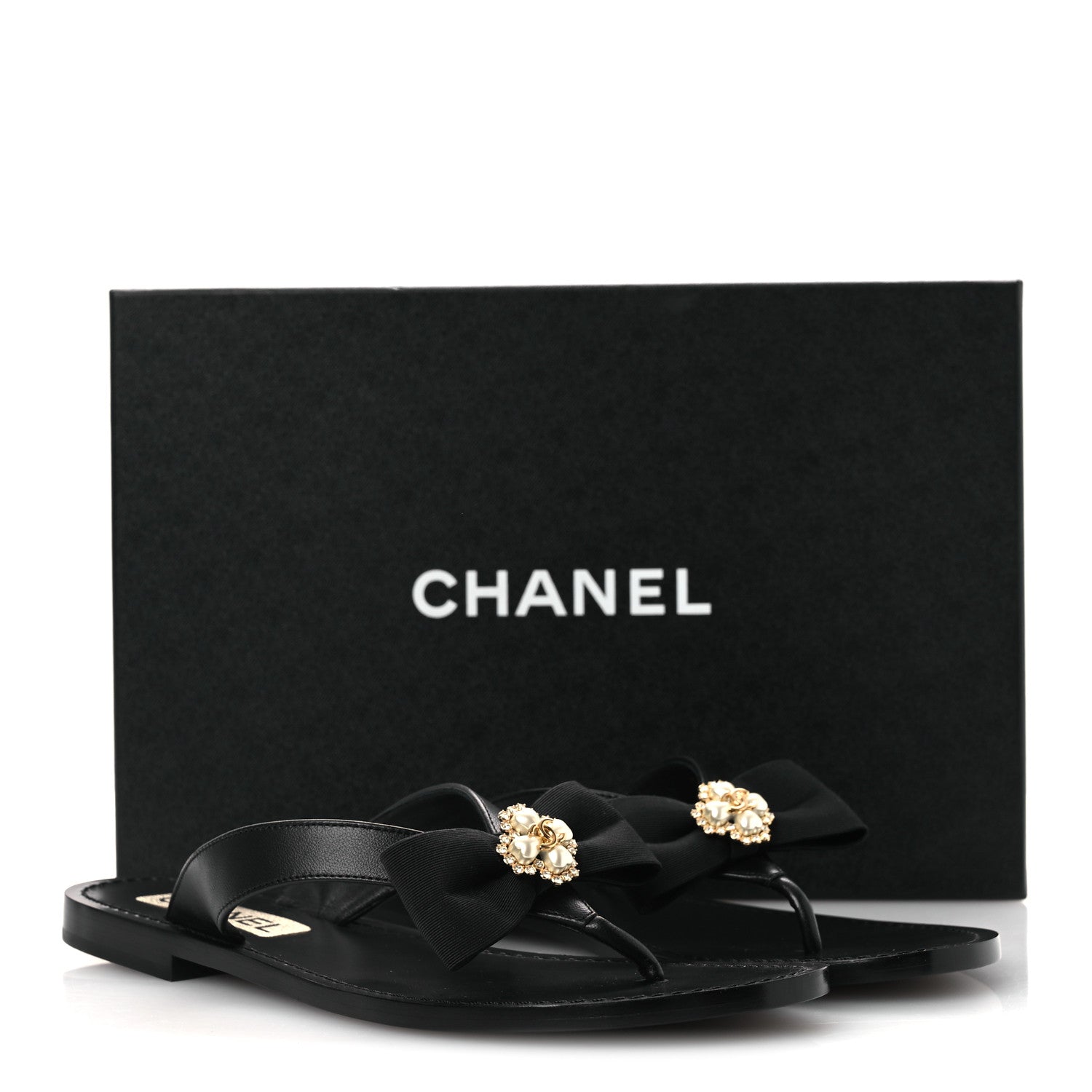 Chanel Lambskin Grosgrain Bow Pearl Thong Sandals 39 Black 23 of 24