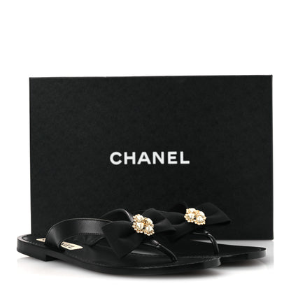 Chanel Lambskin Grosgrain Bow Pearl Thong Sandals 39 Black 23 of 24