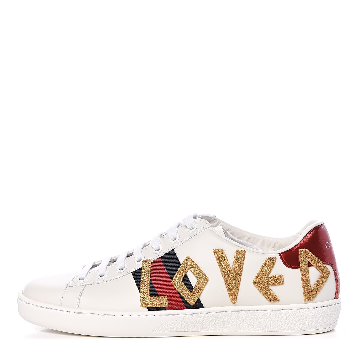 Gucci Calfskin Nappa Web LOVED Embroidered Womens Ace Sneakers 37.5 White Red Flame Notte 1 of 13
