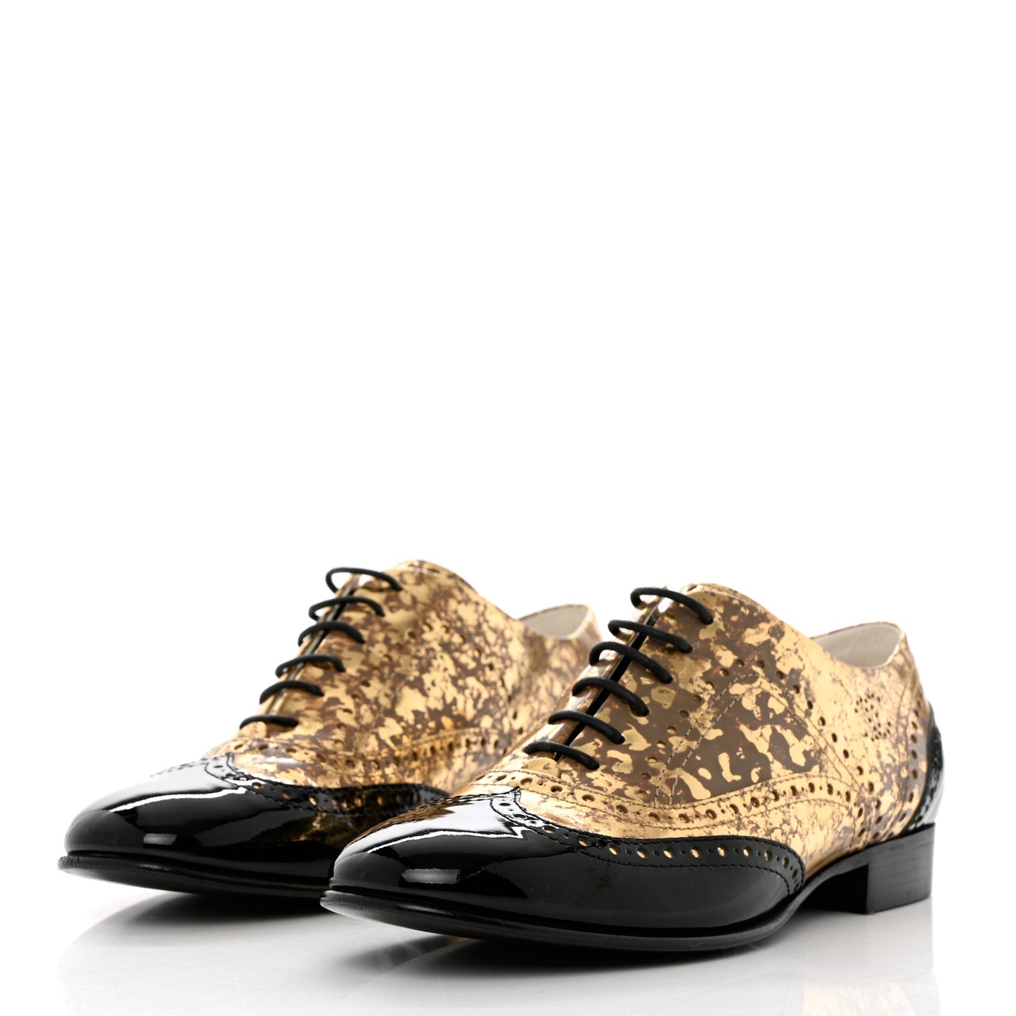 Fantasy Patent Calfskin Lace Up Oxfords 38.5 Gold Black