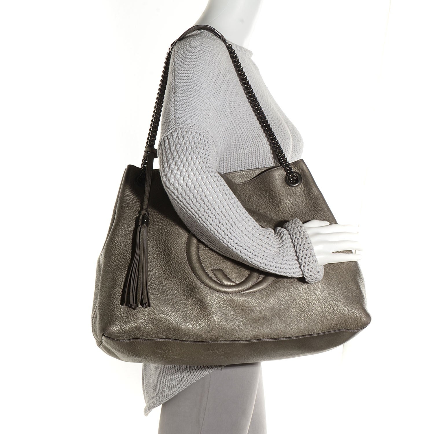 Gucci Metallic Pebbled Calfskin Large Soho Chain Shoulder Bag Sasso 2 of 7