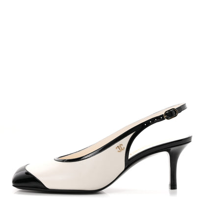 Chanel Lambskin Patent Calfskin Cap Toe CC Slingback Pumps 38 White Black 1 of 10