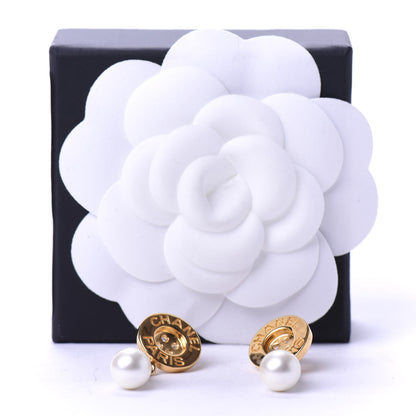 Chanel Metal Pearl Paris Button Drop Earrings Gold 5 of 5