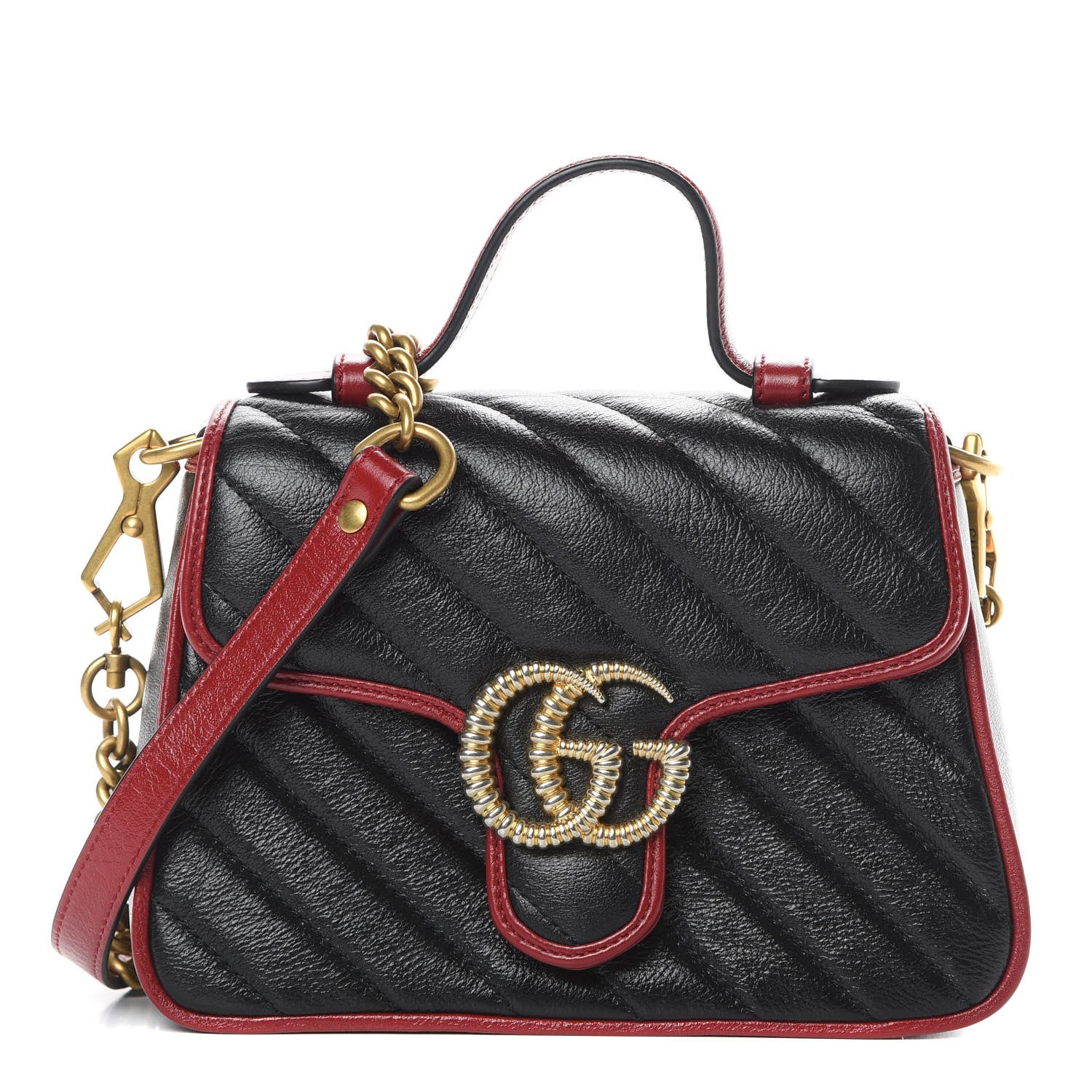 Gucci Vintage Effect Calfskin Matelasse Diagonal Mini Torchon GG Marmont Top Handle Shoulder Bag Black Romantic Cherry 1 of 10