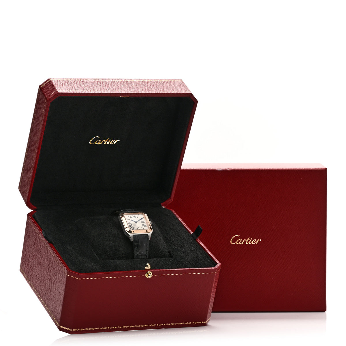 Stainless Steel 18K Pink Gold Alligator 27.5mm Santos Dumont Quartz Watch