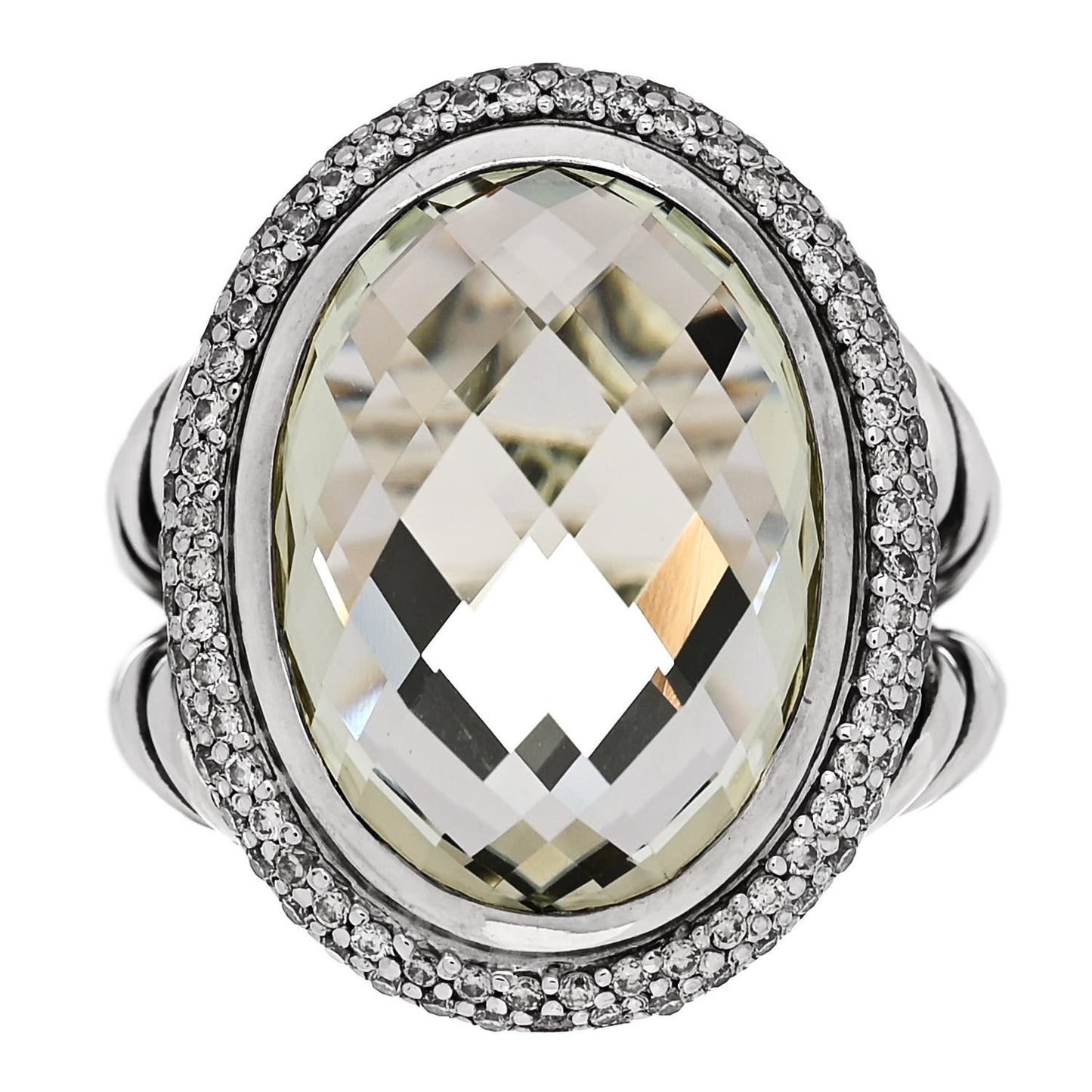 Sterling Silver Diamond Prasiolite 18mm Signature Oval Ring 54 6.75