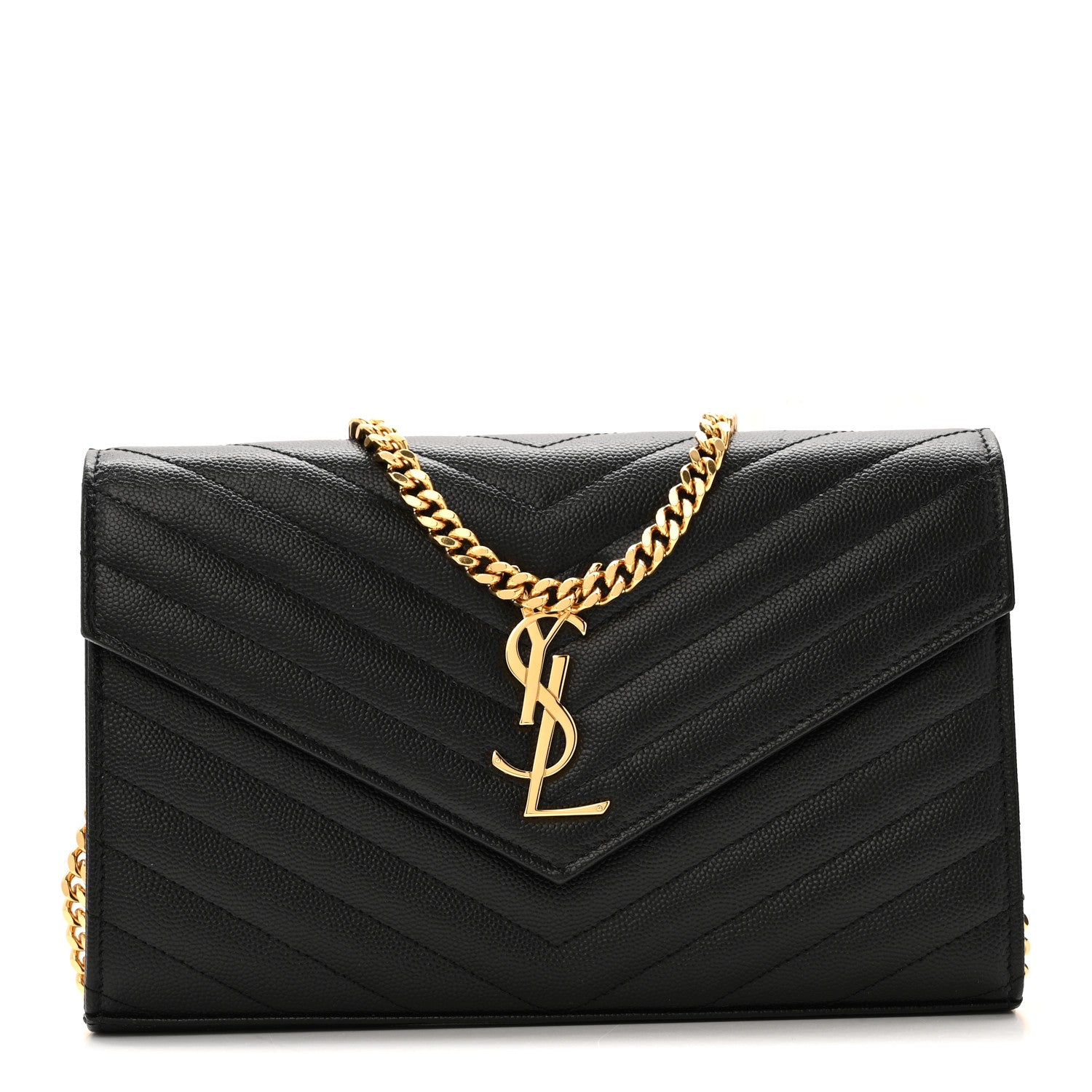 Saint Laurent Grain De Poudre Matelasse Chevron Monogram Chain Wallet Black 1 of 12