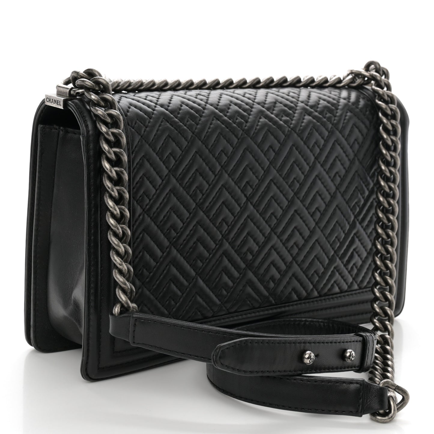 Lambskin Geometric Chevron Quilted New Medium Boy Flap Black