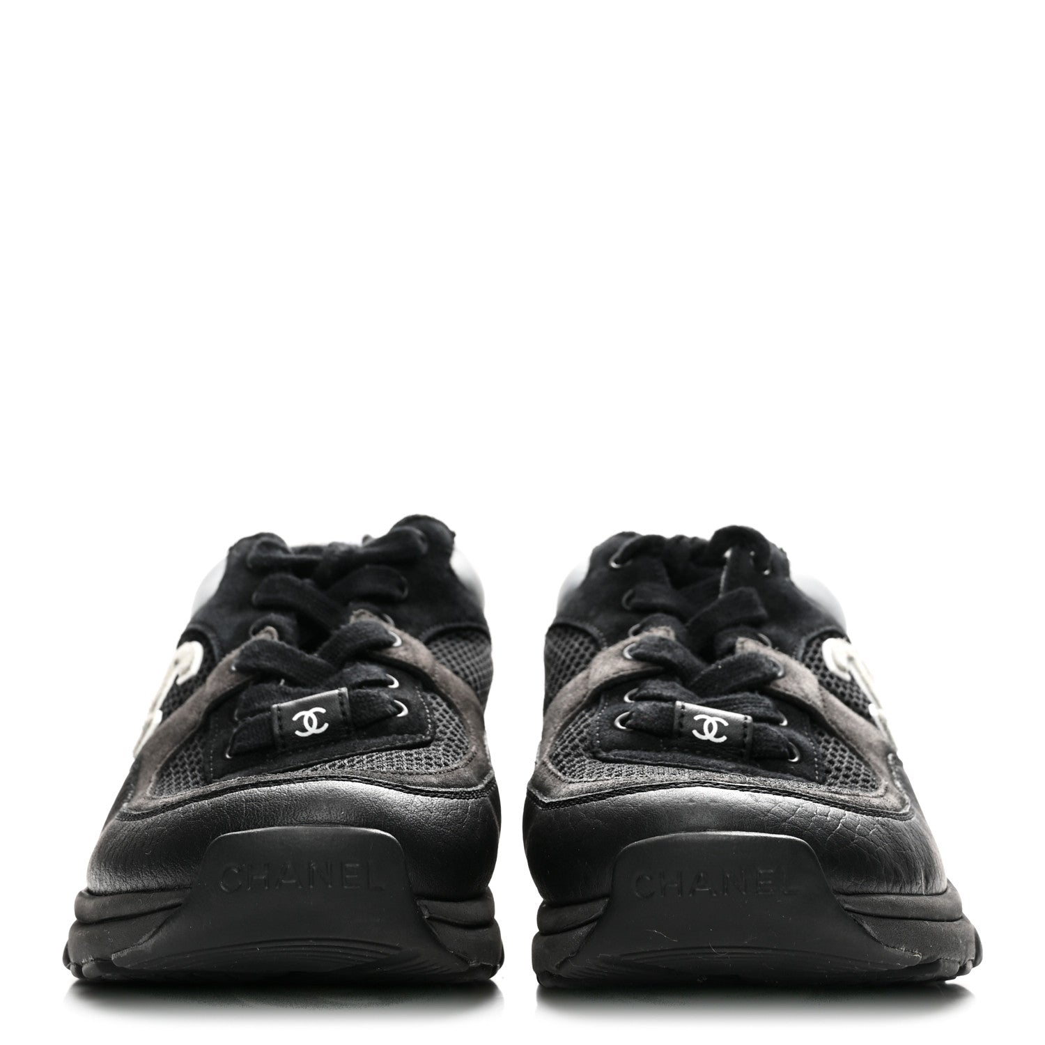 Chanel Mesh Suede Grained Calfskin Womens CC Sneakers 36 Black