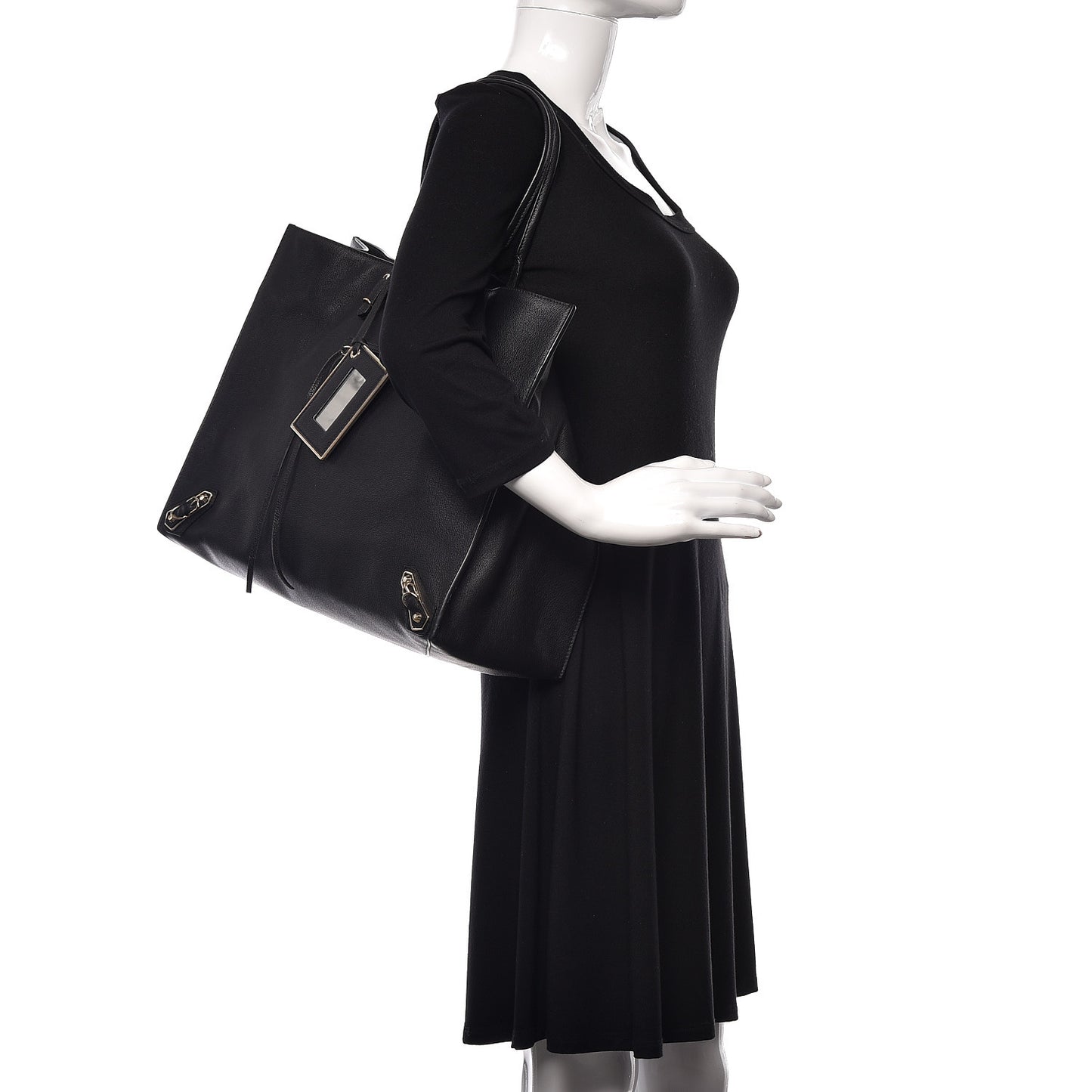Grained Calfskin Silver Metallic Edge Hardware Papier A4 Tote Black