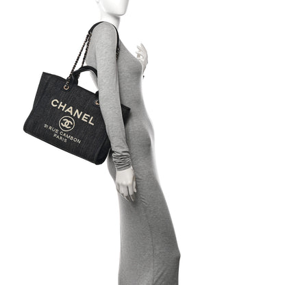 Chanel Denim Small Deauville Tote Dark Blue White 2 of 12