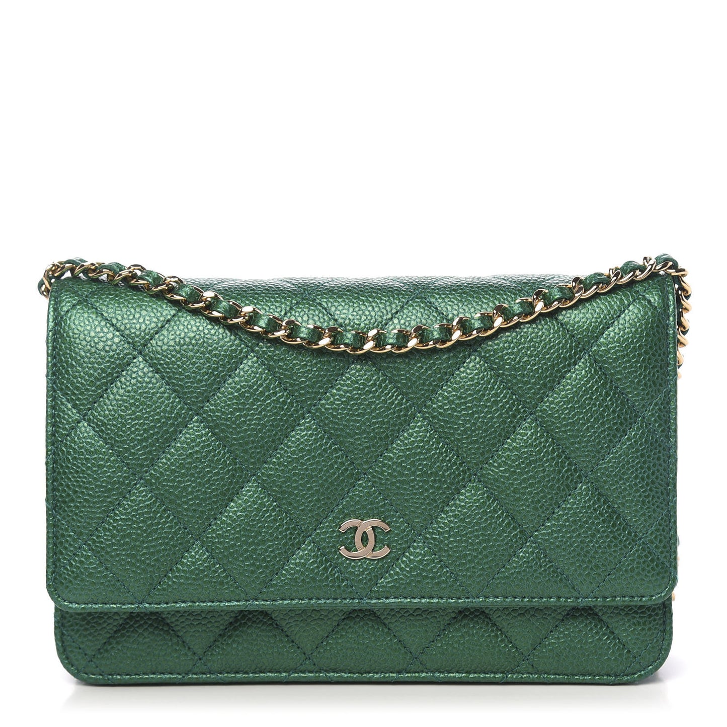 Metallic Caviar Quilted Wallet On Chain WOC Green