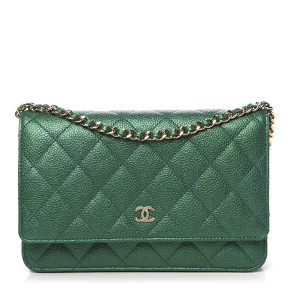Chanel Metallic Caviar Quilted Wallet On Chain WOC Green 1 of 12