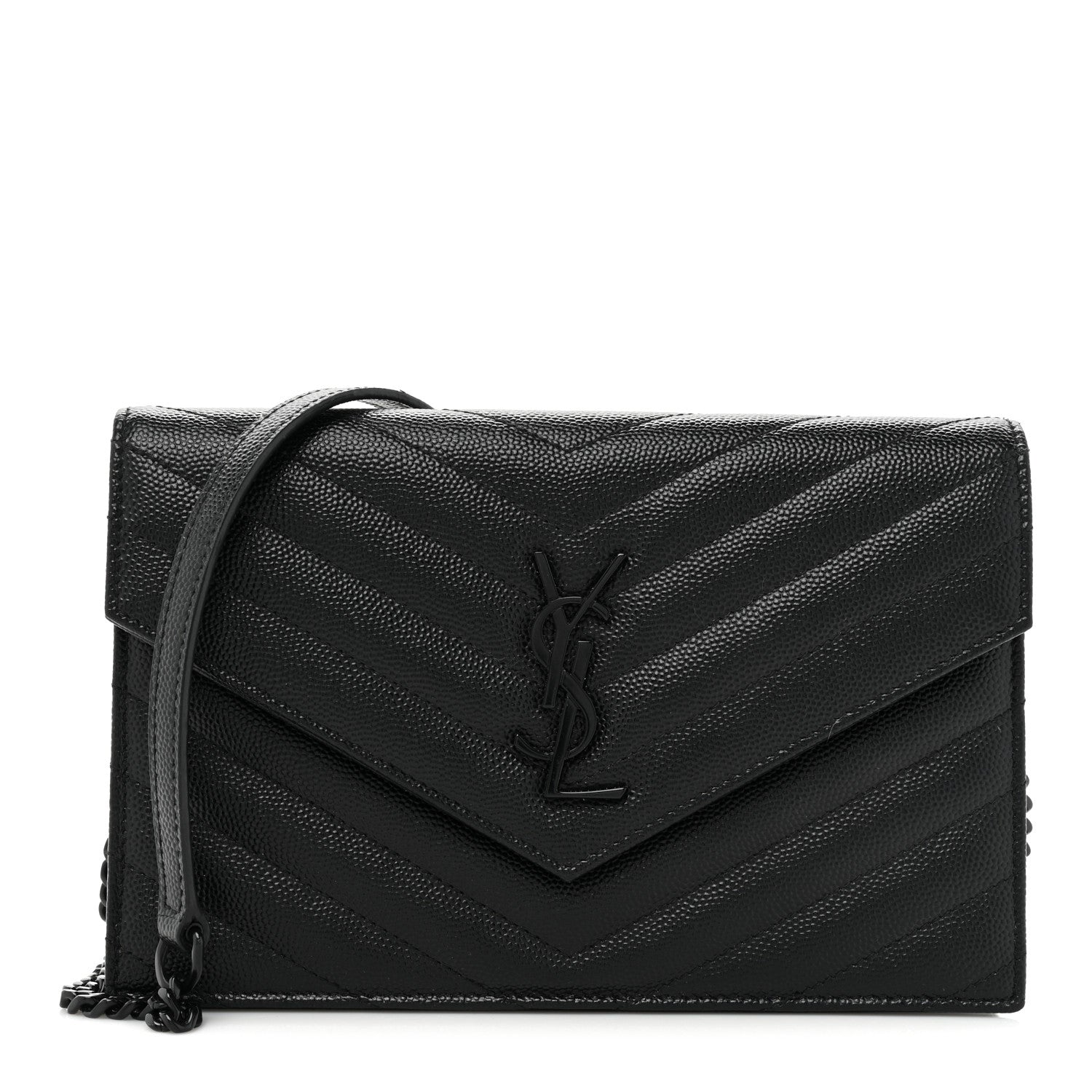 Saint Laurent Grain De Poudre Matelasse Chevron Monogram Monochrome Envelope Chain Wallet Black 1 of 16