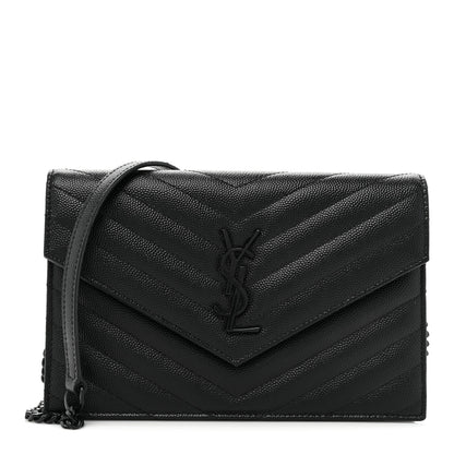 Saint Laurent Grain De Poudre Matelasse Chevron Monogram Monochrome Envelope Chain Wallet Black 1 of 16