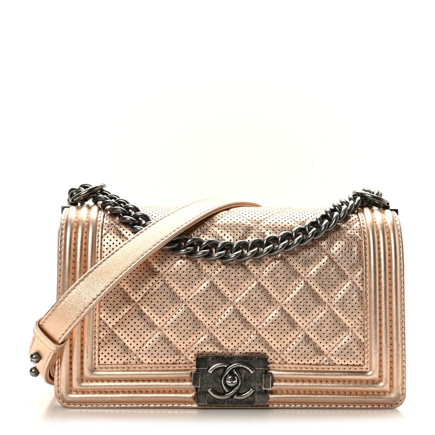 Metallic Perforated Lambskin Quilted Medium Boy Flap Gold