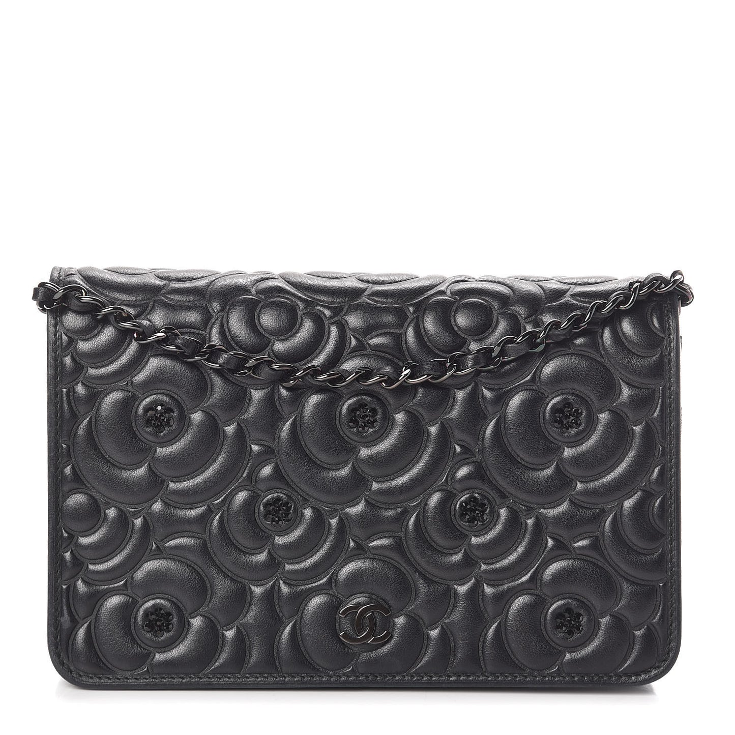 Lambskin Camellia Crystal Wallet on Chain WOC Black