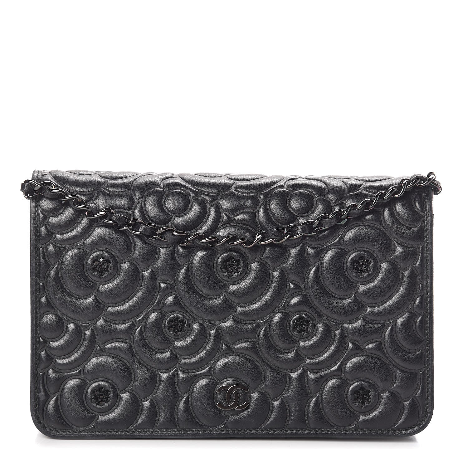 Chanel Lambskin Camellia Crystal Wallet on Chain WOC Black 1 of 14
