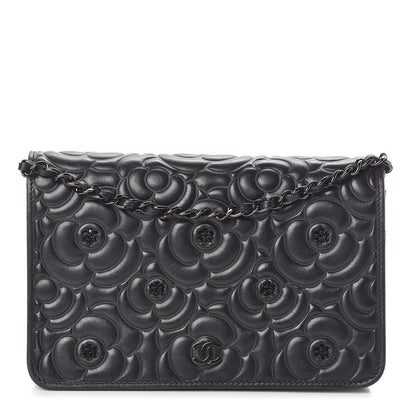 Chanel Lambskin Camellia Crystal Wallet on Chain WOC Black 1 of 14