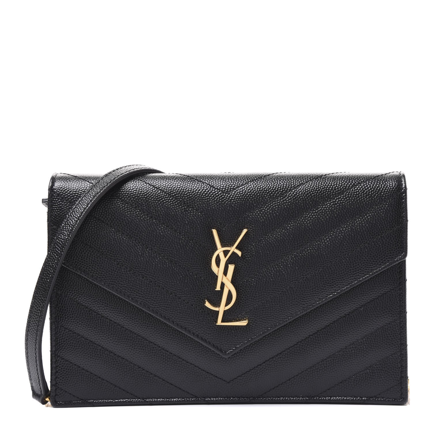 Saint Laurent Grain De Poudre Matelasse Chevron Monogram Envelope Chain Wallet Black 1 of 9